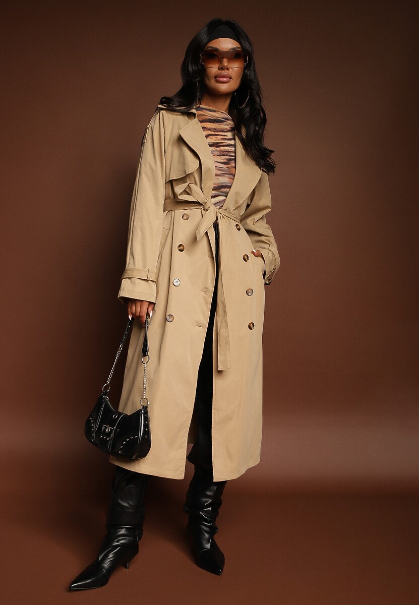 Beżowy Płaszcz o Wydłużonym Fasonie Trencza z Guzikami i Paskiem Dennime