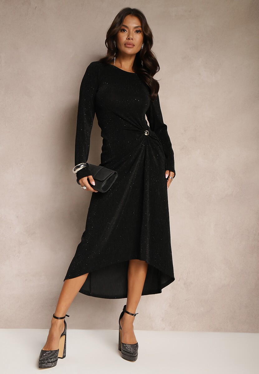 Czarna Koktajlowa Sukienka o Dopasowanym Kroju Ozdobiona Cyrkoniami i Marszczeniem Enadilla