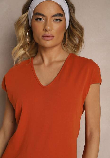 Pomarańczowa Sukienka z Bawełny o Pudełkowym Kroju i Dekolcie w V i Rozcięciami Natindra