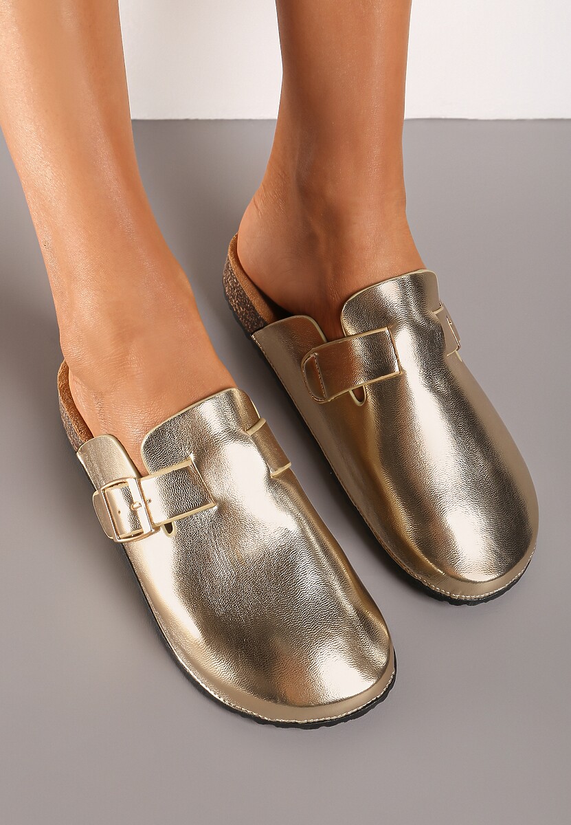 Złote Klapki w Stylu Mules na Korkowej Podeszwie ze Sprzączką Patala
