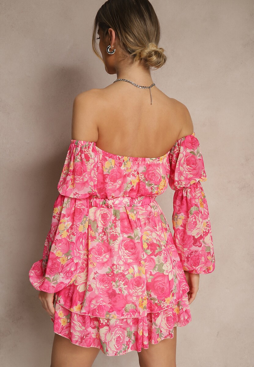 Fuksjowa Sukienka Hiszpanka z Wiskozy w Kwiaty z Paskiem i Falbanami Zelmoi