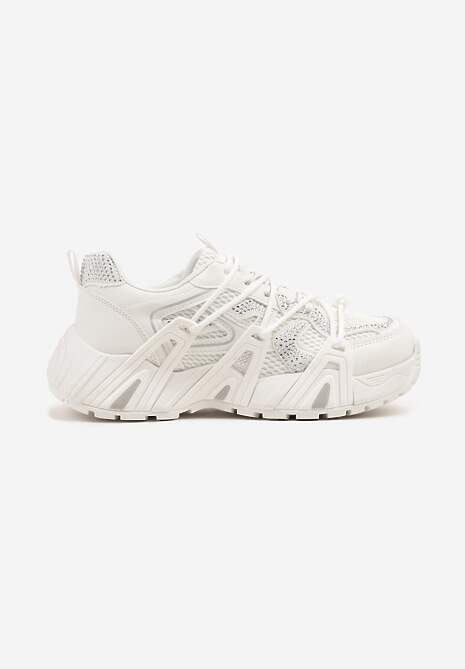 Białe Sneakersy na Platformie z Cyrkoniami i Geometrycznym Wzorem Lavivione