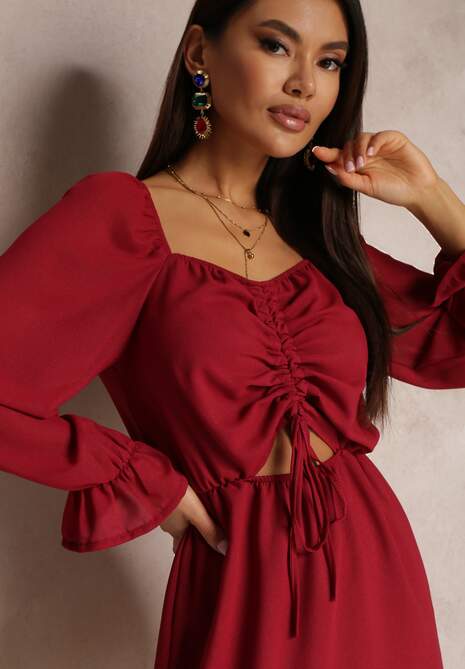 Bordowa Sukienka z Błyszczącą Nitką i Ściągaczem z Przodu Beni