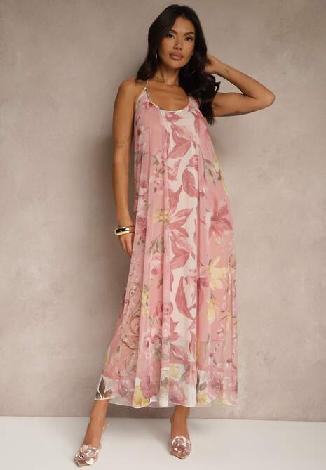 Różowa Kwiatowa Sukienka Siateczkowa z Wiskozą Izurelia