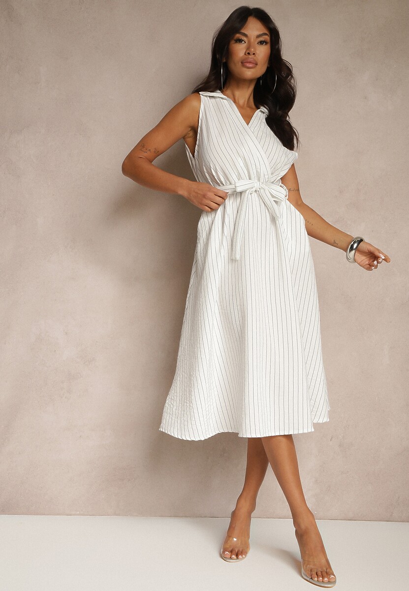 Biała Koszulowa Sukienka Bez Rękawów z Wiązanym Paskiem Lideene