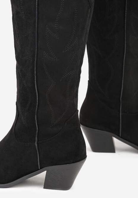 Czarne Haftowane Kozaki Kowbojki na Stożkowym Obcasie Galianna