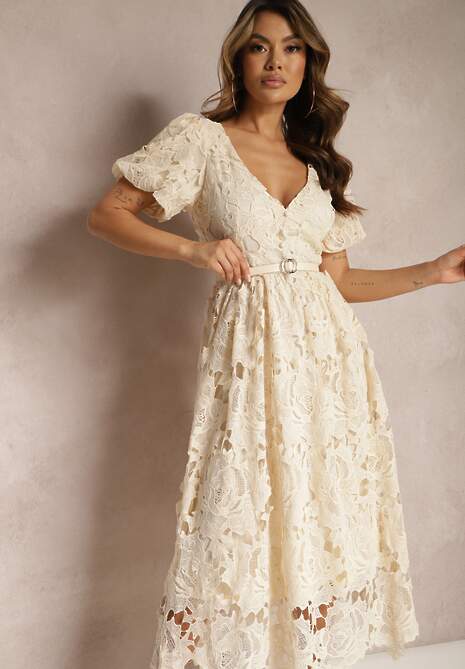 Jasnobeżowa Koronkowa Sukienka Koktajlowa z Głębokim Trójkątnym Dekoltem Wrenna