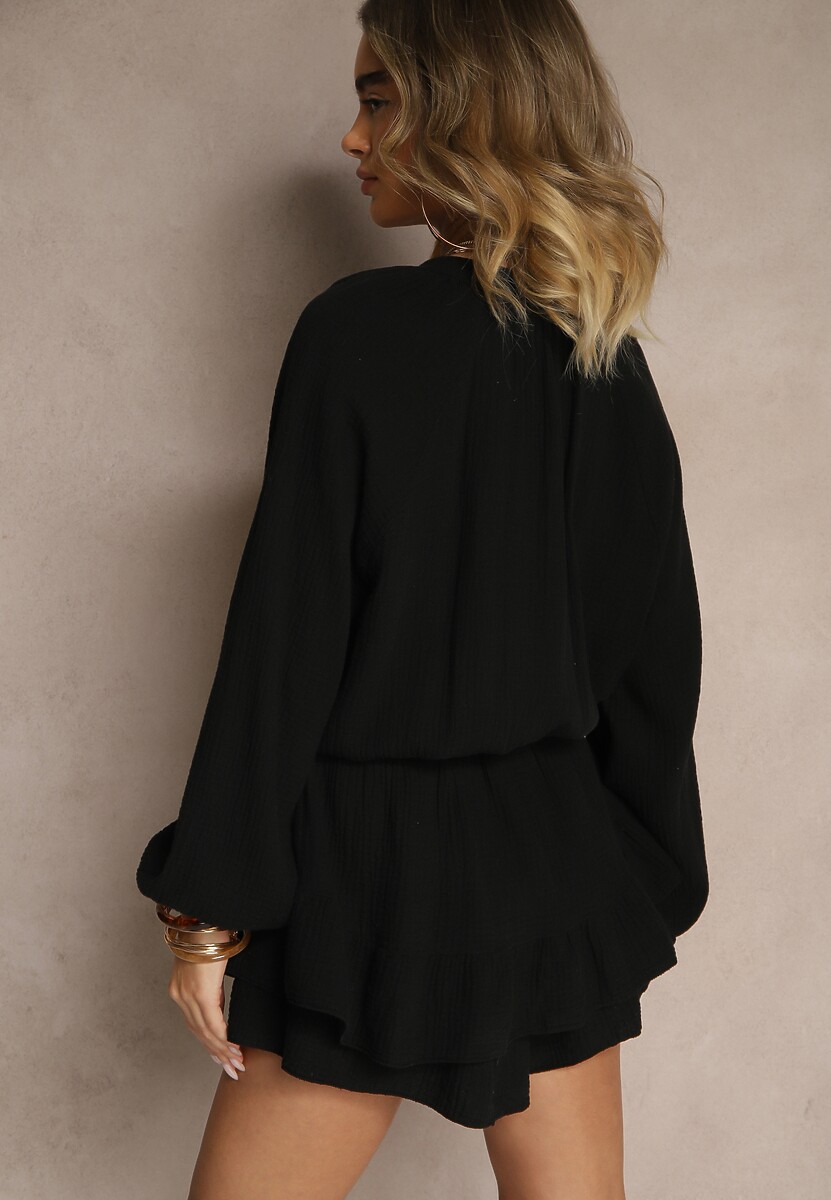 Czarny Kombinezon z Bawełny ze Spódnico-Spodenkami i Guzikami oraz Gumką w Talii Vimatthea