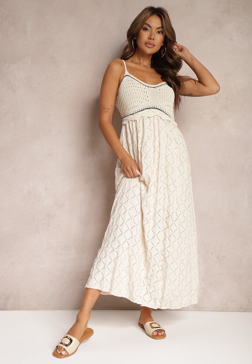 Beżowa Sukienka na Ramiączkach o Rozkloszowanym Kroju Quemvia