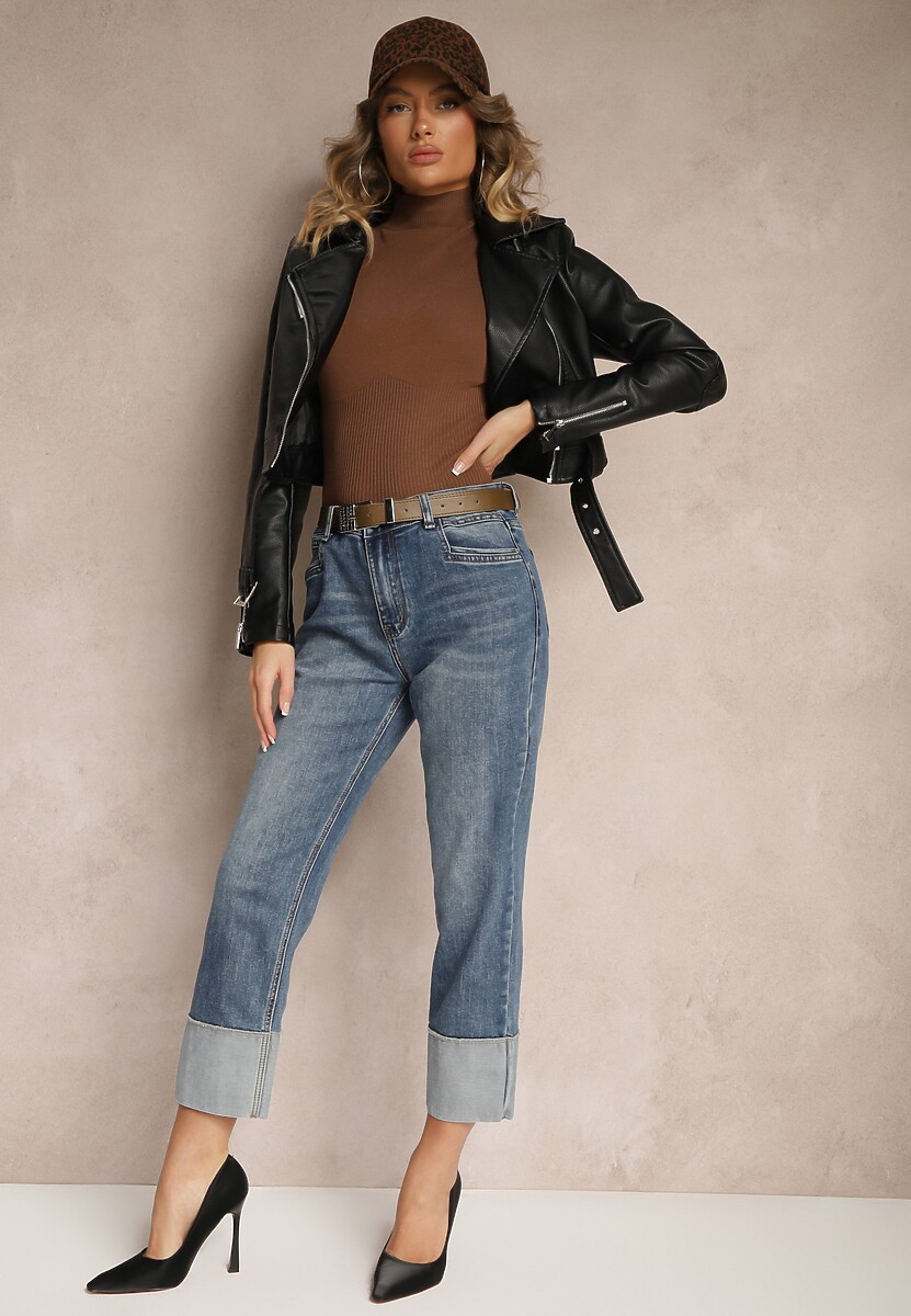 Niebieskie Jeansy Regular z Ozdobnie Wywiniętymi Nogawkami i Paskiem Corenamia