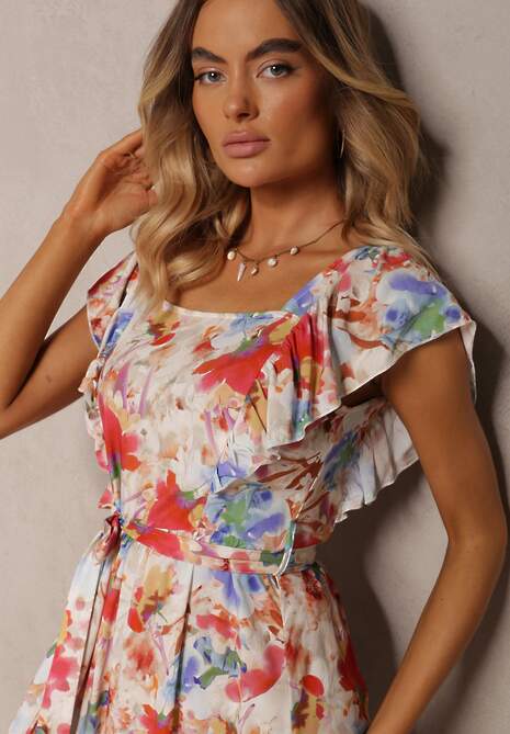 Beżowo-Różowa Kwiecista Sukienka z Wiskozy z Falbanką na Ramiączkach z Materiałowym Paskiem Nuclemia