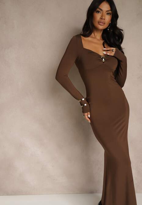Brązowa Sukienka Koktajlowa z Wiskozą i Metaliczną Klamrą przy Dekolcie Refire