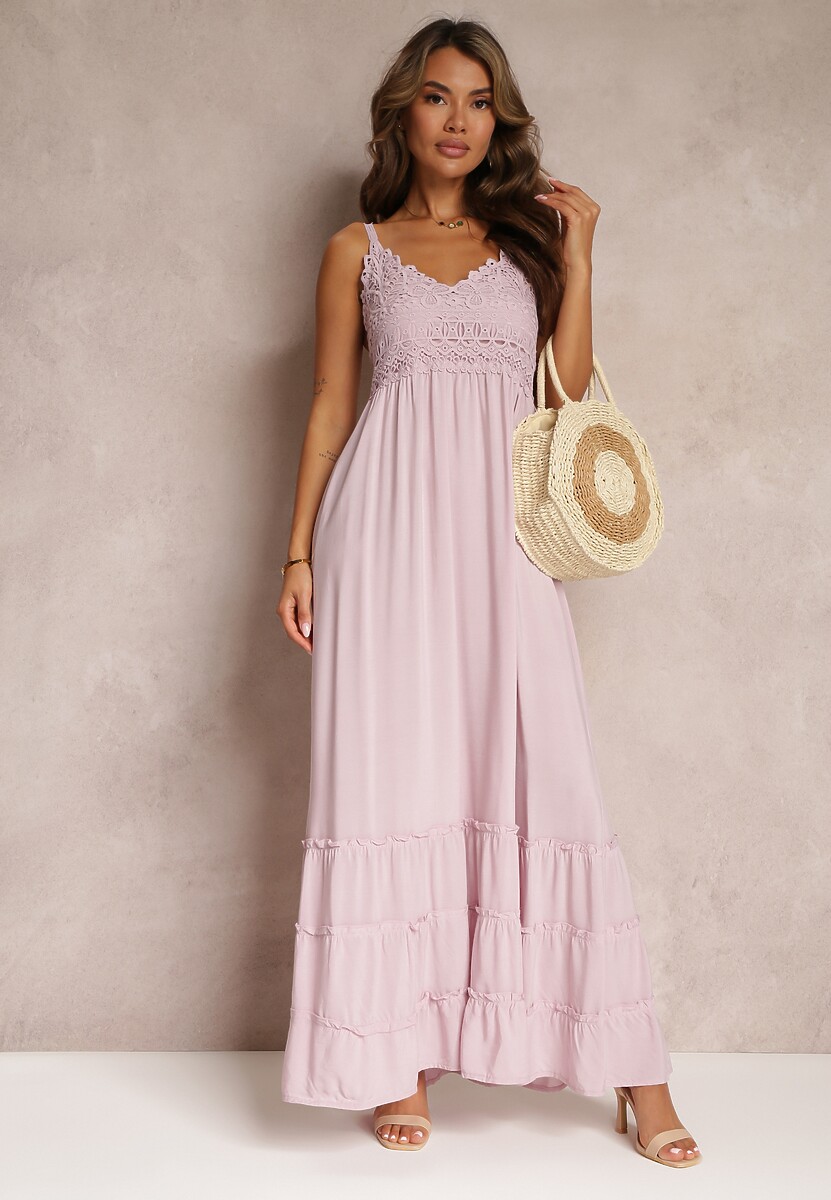 Różowa Rozkloszowana Sukienka Maxi z Koronką i Głębokim Dekoltem Zonila
