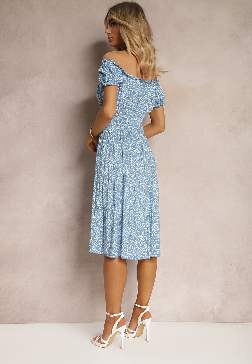 Niebieska Kwiecista Sukienka z Bawełny z Gumkami w Pasie Herata