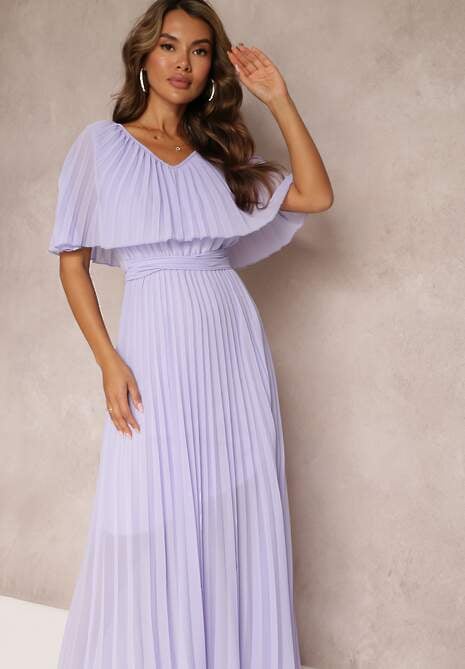 Fioletowa Plisowana Sukienka z Gumką w Pasie z Falbaną Przy Dekolcie Drenia