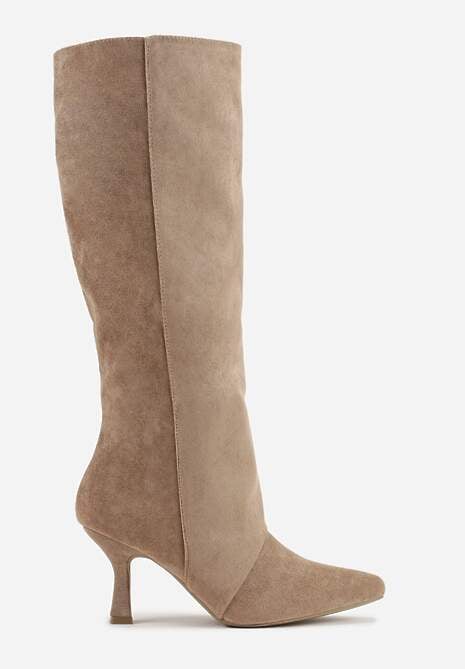 Ciemnobeżowe Kozaki z Imitacji Zamszu z Przeszywaną Cholewką i Obcasem Kaczuszka Anuvitte