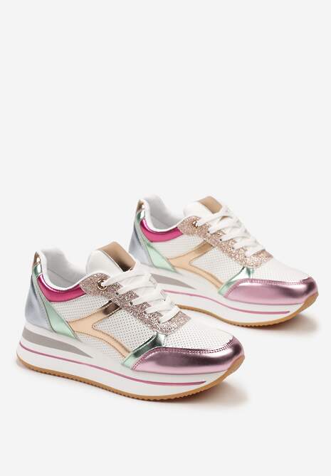 Biało-Różowe Sneakersy na Grubej Podeszwie w Paski Zdobione Brokatem Selarissa