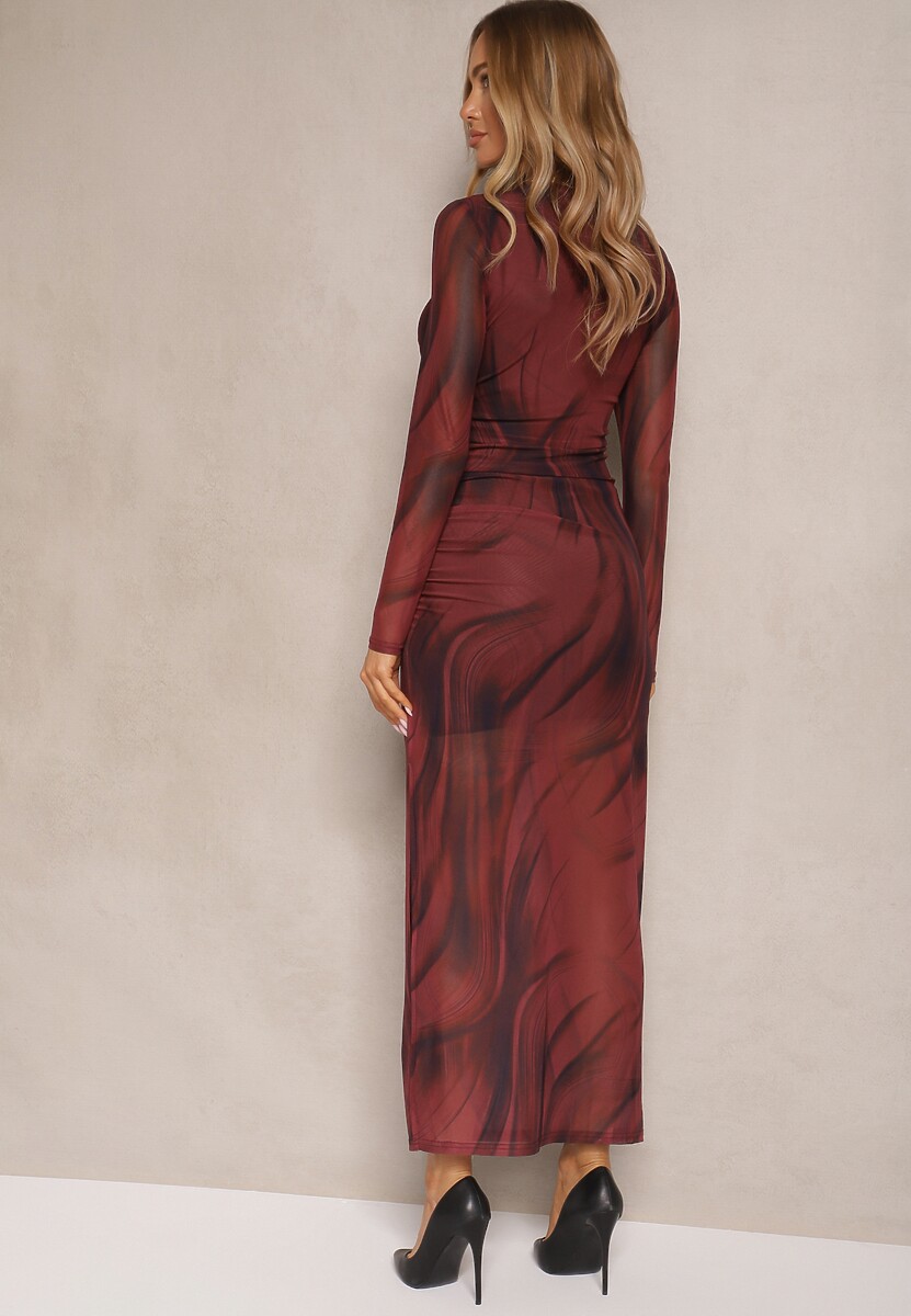 Bordowa Dopasowana Sukienka z Wiskozą z Siateczki Ozdobiona Marszczeniem Nalienne