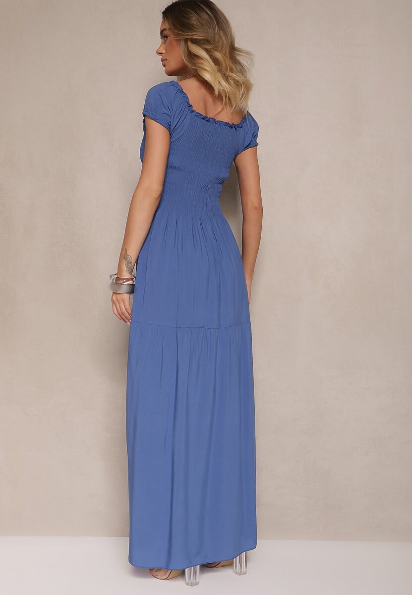 Niebieska Sukienka z Wiskozy w Stylu Hiszpanki Ozdobiona Marszczeniem Jenalena