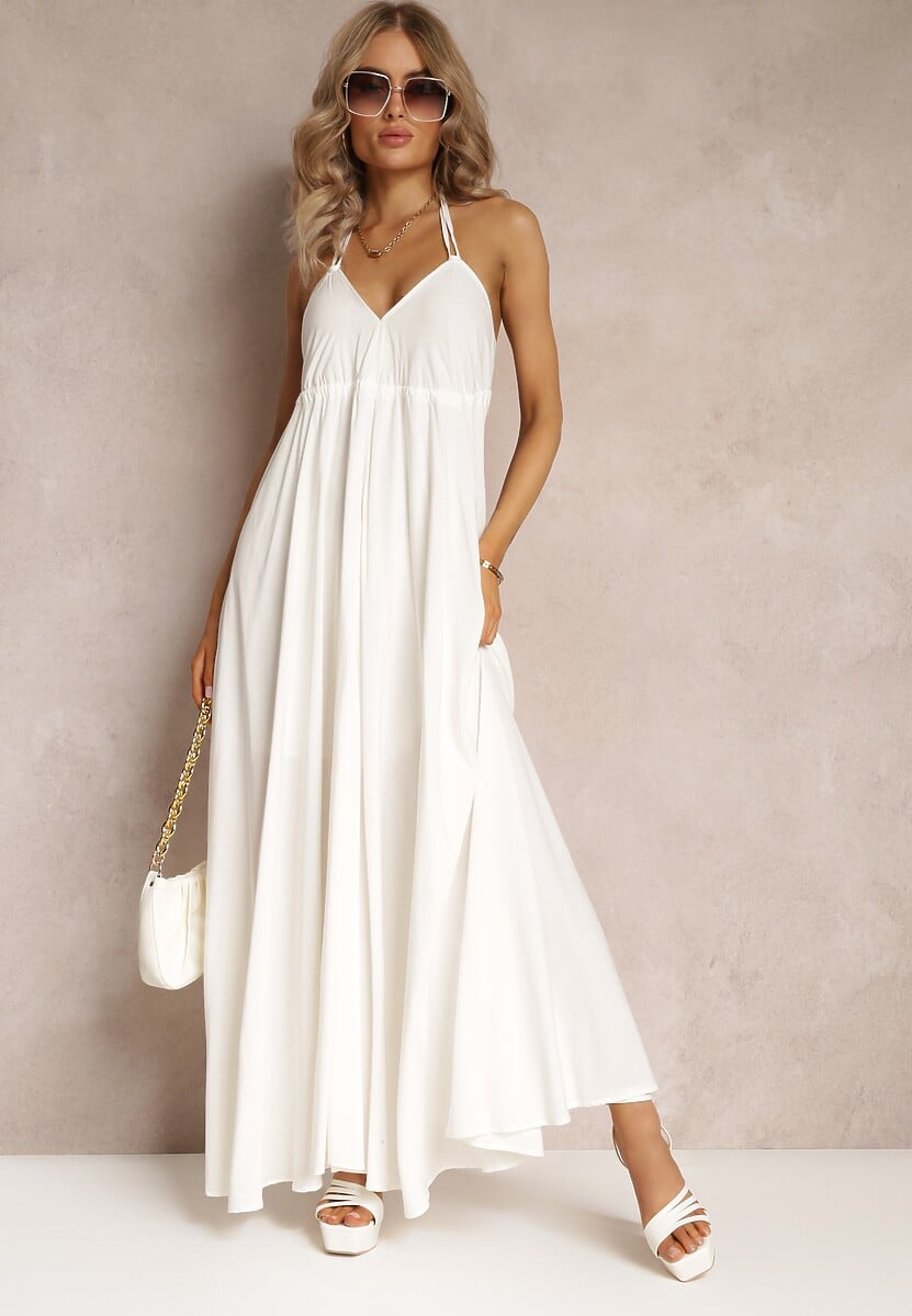 Biała Rozkloszowana Sukienka Bawełniana z Wiązaniem na Szyi Panethea