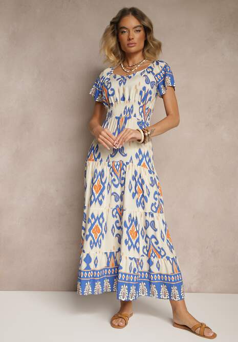 Niebieska Sukienka z Wiskozy Ozdobiona Geometrycznym Motywem Clevessa