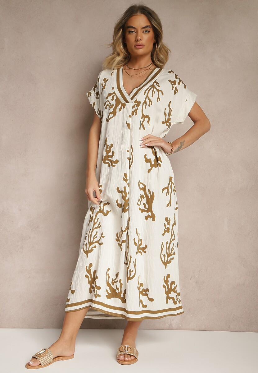 Brązowo-Beżowa Pudełkowa Sukienka z Wiskozą i Lnem Sadeone