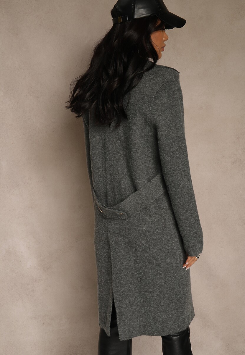 Szary Płaszcz Dwurzędowy o Długim Kroju w Eleganckim Stylu Saratusa