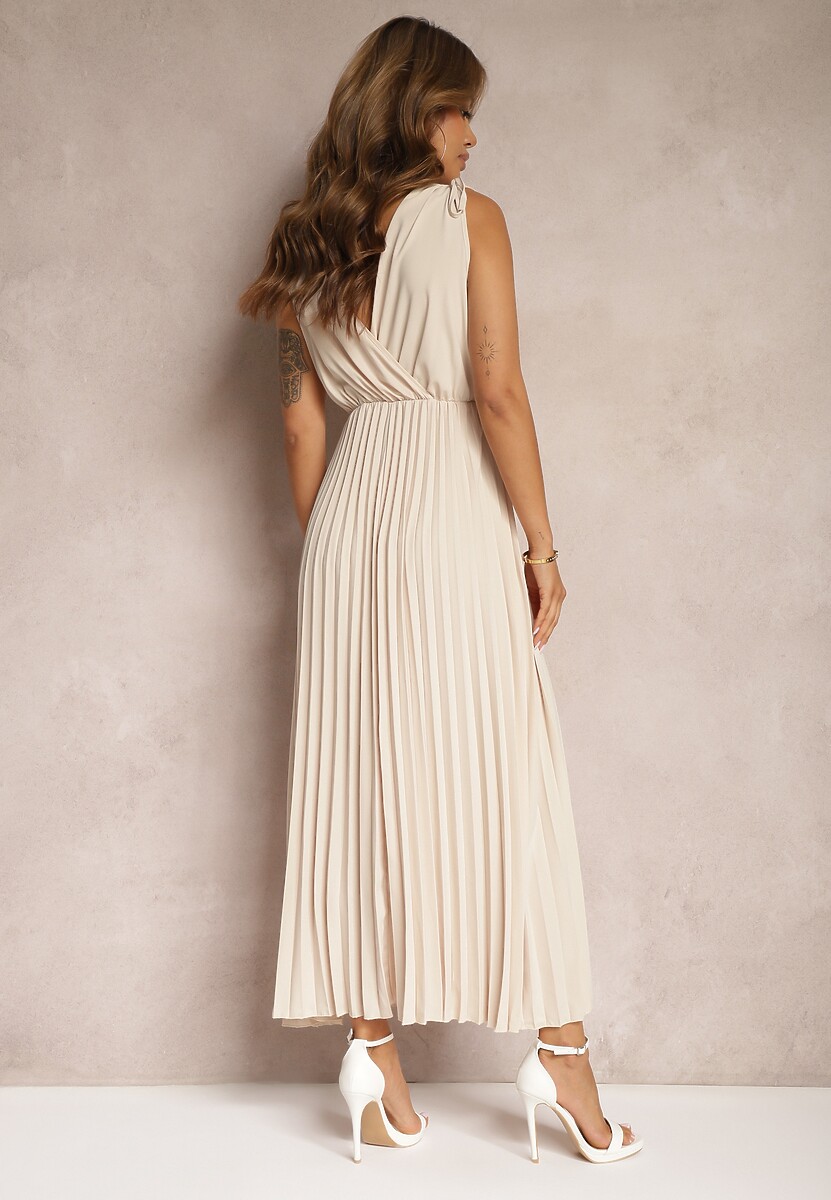 Beżowa Rozkloszowana Sukienka Plisowana z Wiskozą i Bawełną Wykończona Gumką w Talii Yefia