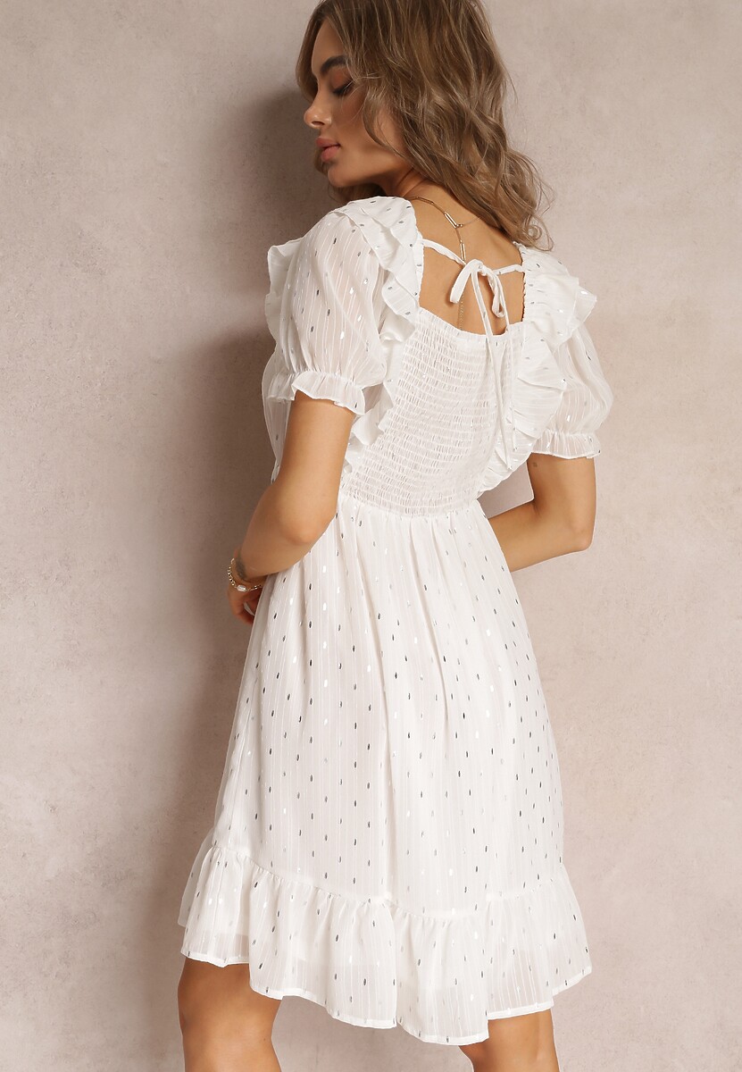 Biała Sukienka Mini z Gumką w Talii i Wiązaniem na Plecach Olitisa