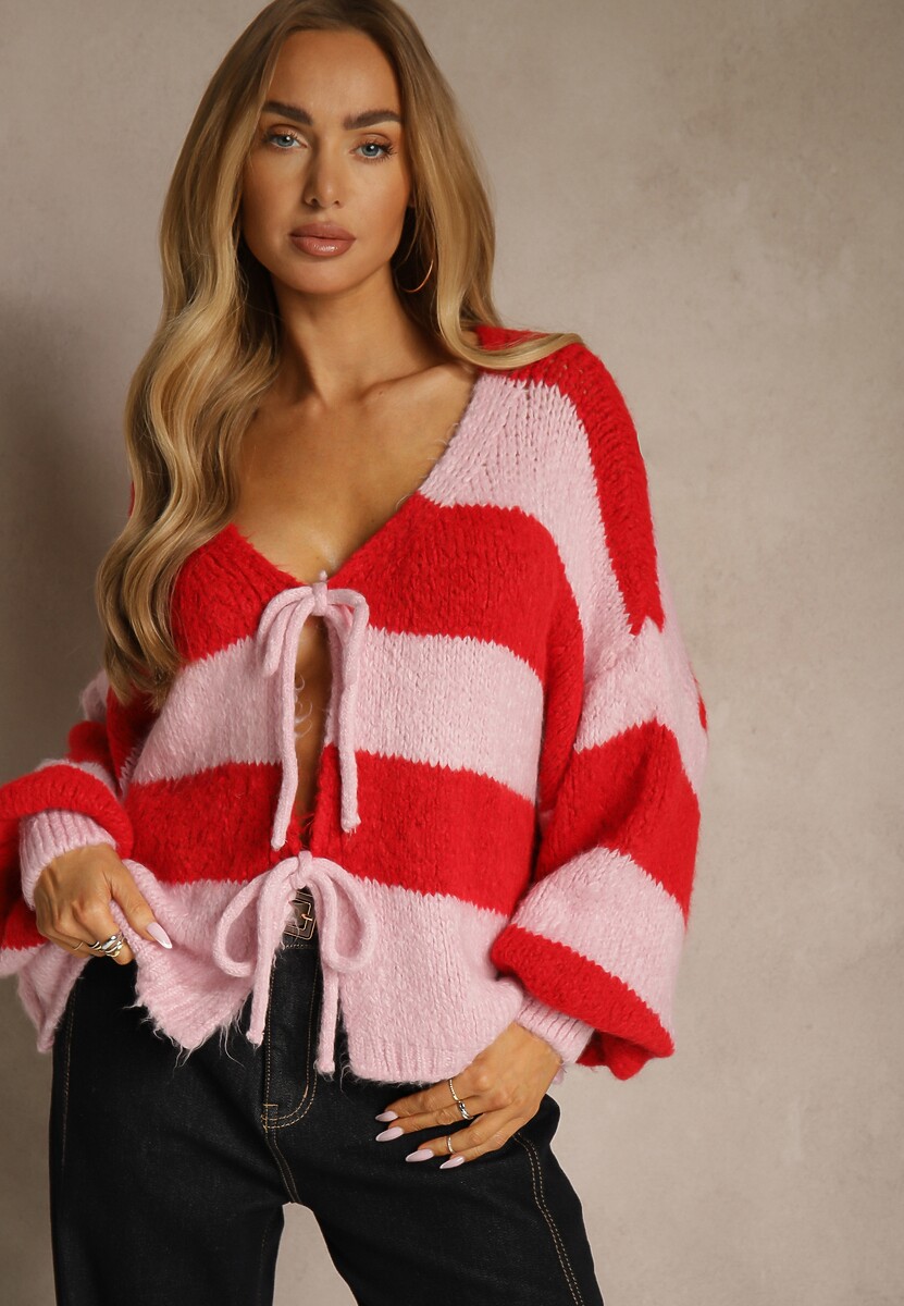 Czerwony Oversizowy Kardigan w Paski z Wiązaniem z Domieszką Wełny i Wiskozy Retile