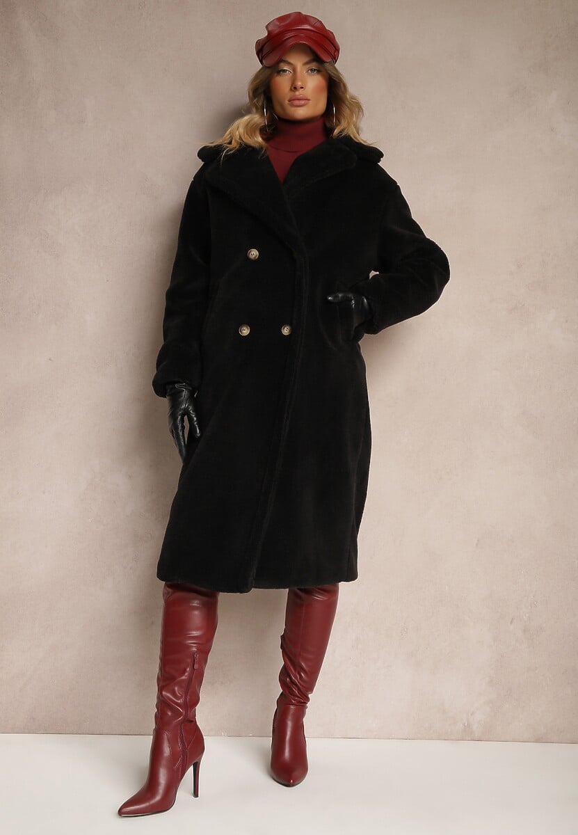 Czarny Dwurzędowy Płaszcz z Futerkiem Zelirra