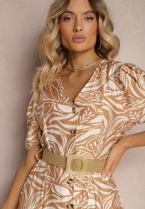 Beżowa Koszulowa Sukienka z Bufiastymi Rękawami i Plecionym Paskiem w Talii Aslatia