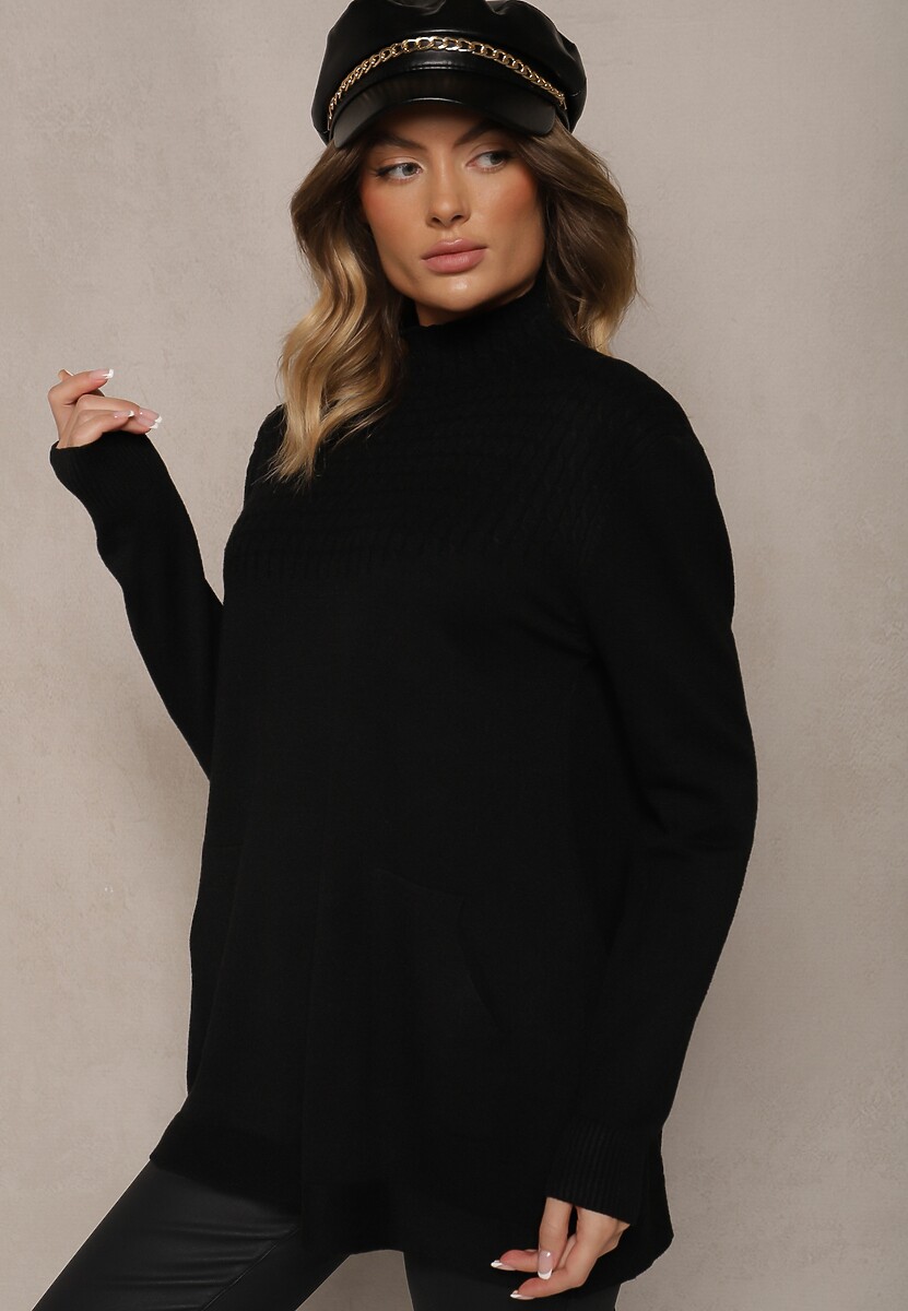 Czarny Sweter Półgolf z Bawełną i Kieszenią z Przodu Emittes