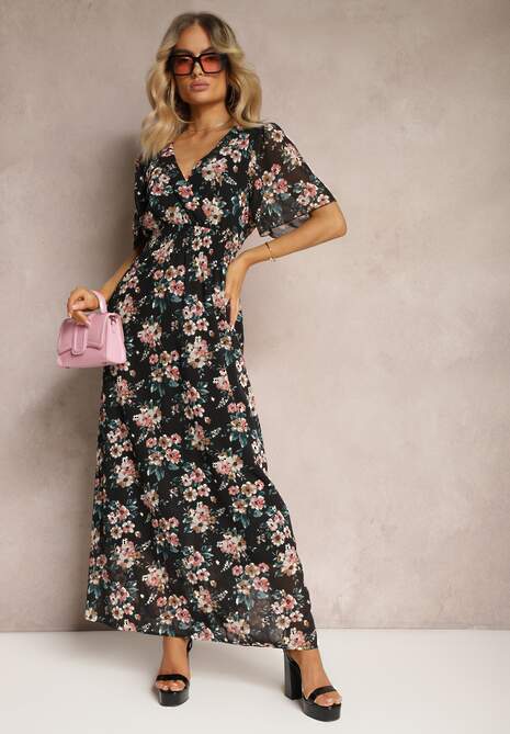 Czarna Sukienka z Wiązaniem na Plecach z Krótkim Rękawem i Metaliczną Nicią Mleada