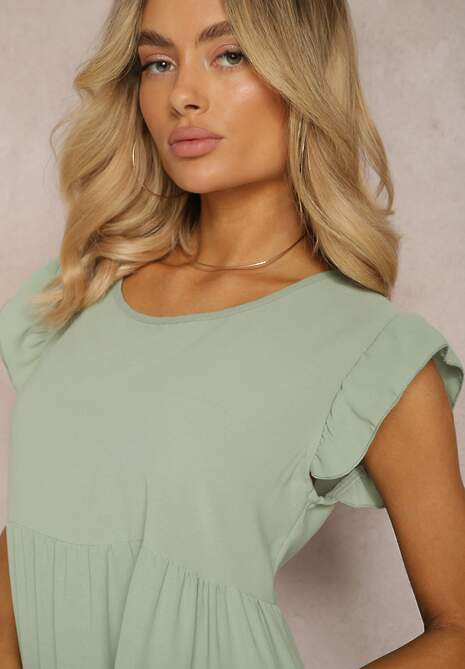 Miętowa Sukienka z Krótkim Rękawem i Ozdobnymi Falbankami o Rozkloszowanym Kroju Vetesa