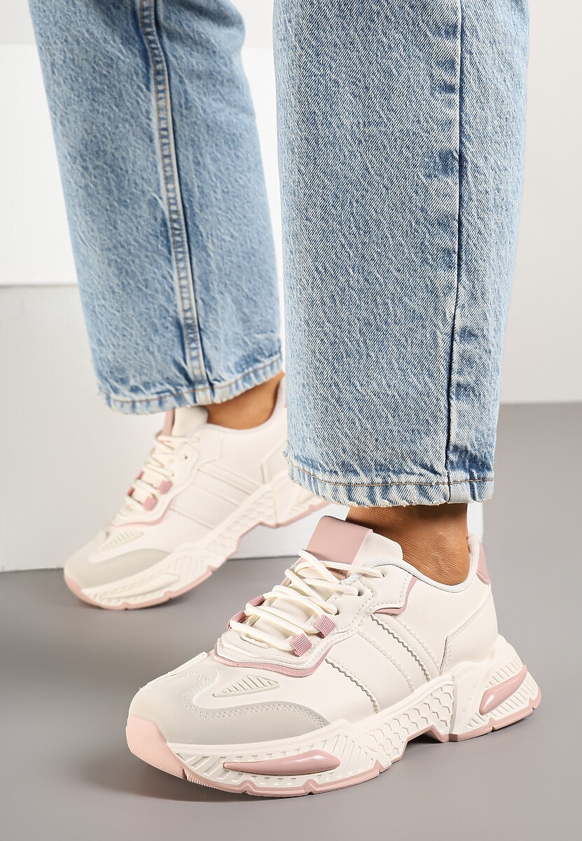 Beżowo-Różowe Sneakersy w Streetwearowym Stylu z Ozdobnymi Przeszyciami Isallena