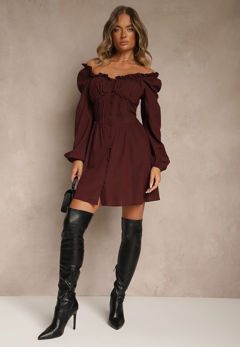 Brązowa Gorsetowa Sukienka Hiszpanka Vices z Guzikami i Bufiastymi Rękawami Resena