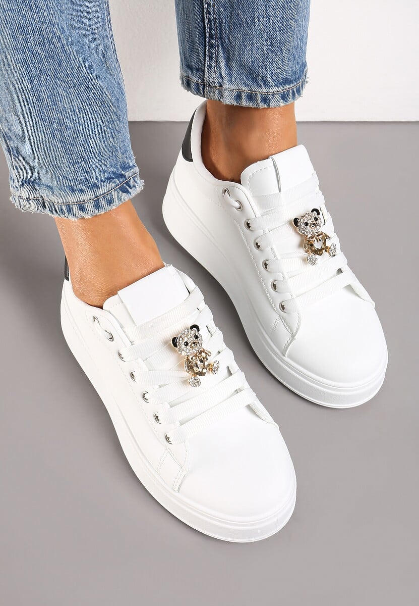 Biało-Czarne Sneakersy z Imitacji Skóry na Platformie z Ozdobą z Cyrkonii Imbercca