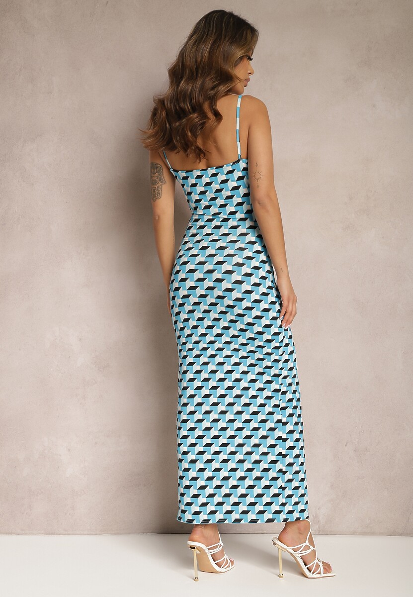 Niebiesko-Czarna Dopasowana Sukienka na Ramiączkach z Marszczeniem Terida