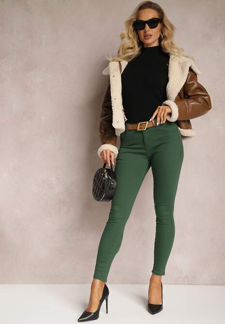 Ciemnozielone Jeansy Skinny z Paskiem z Klamerką Pisanne