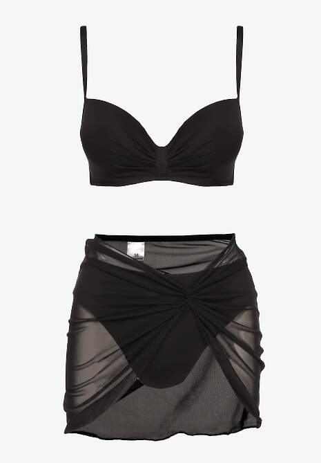 Czarne Bikini Majtki Typu Figi Marszczony Biustonosz i Pareo Natovena