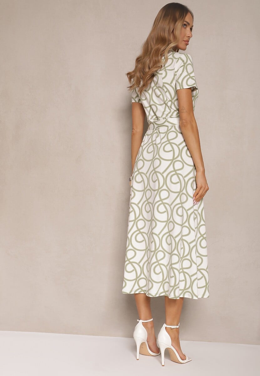 Zielona Sukienka z Wiskozą o Koszulowym Kroju z Geometrycznym Wzorem Saravione