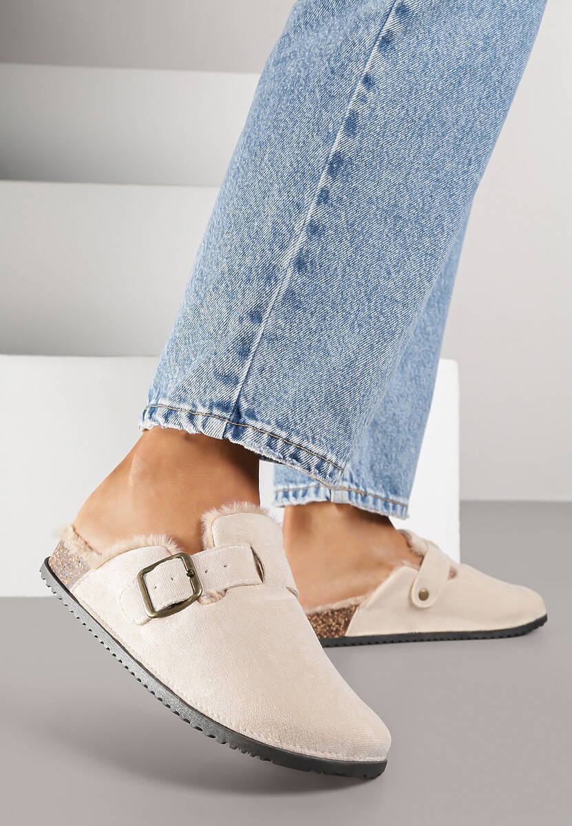 Brązowe Kapcie Typu Chodaki na Podeszwie z Korka Ozdobione Klamrą Alanelle