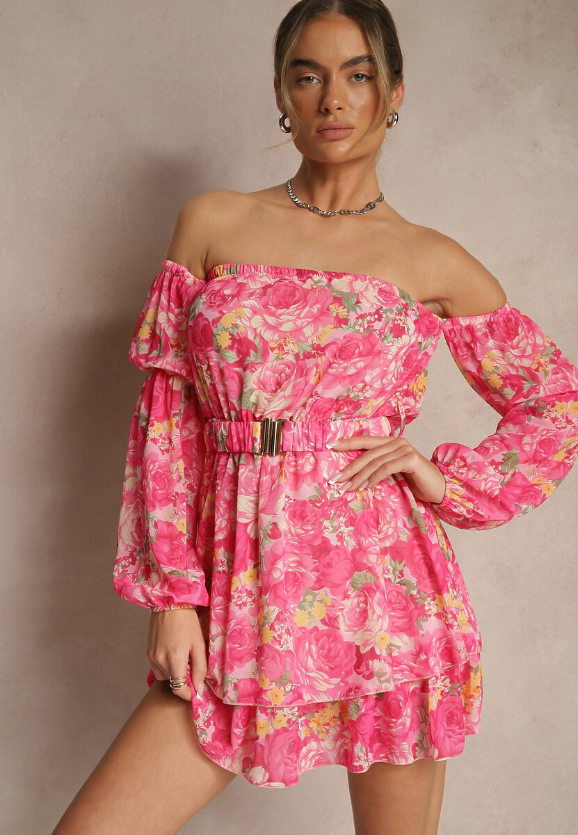 Żółta Sukienka Hiszpanka z Wiskozy w Kwiaty z Paskiem i Falbanami Zelmoi