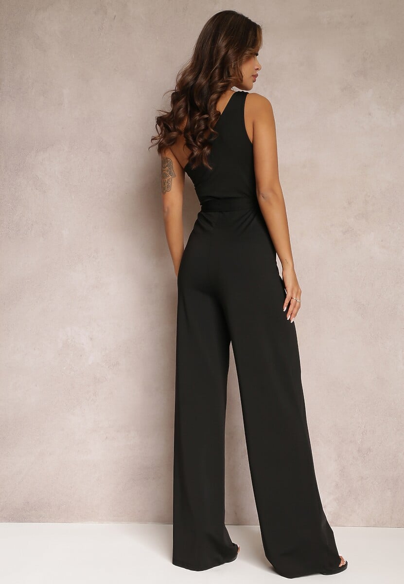 Czarny Asymetryczny Kombinezon z Szerokimi Nogawkami i Materiałowym Paskiem Atara