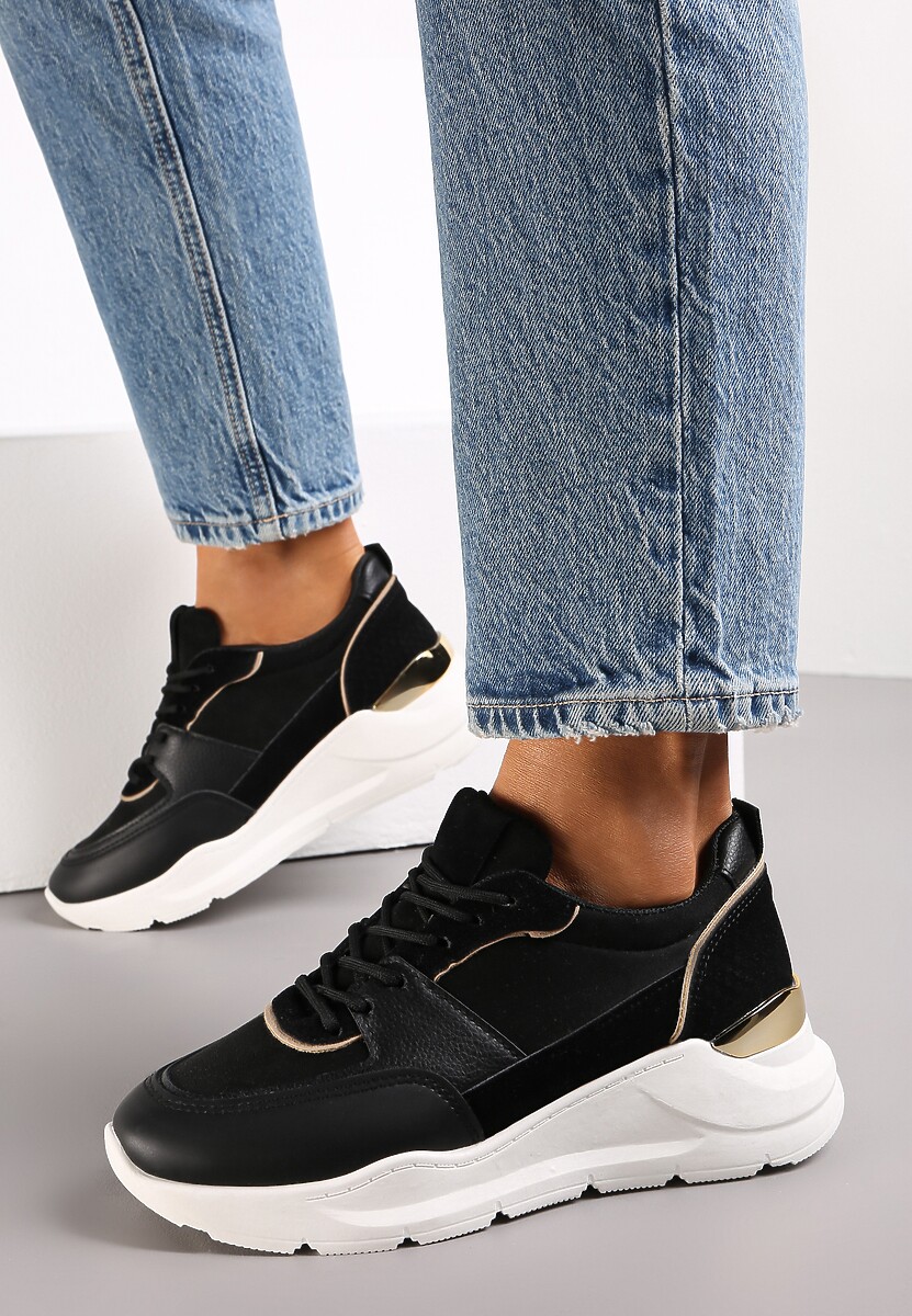 Brązowe Sneakersy na Platformie z Tłoczoną i Metaliczną Wstawką z Tyłu Biorli