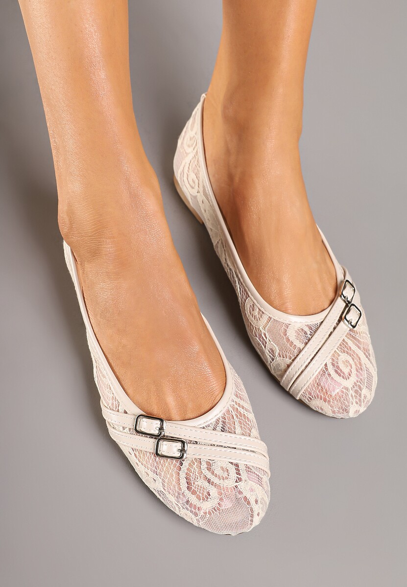 Beżowe Koronkowe Balerinki z Ozdobnymi Paskami ze Sprzączkami Ajerla