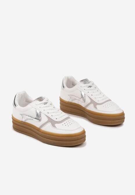 Biało-Srebrne Sneakersy Klasyczne Tenisówki na Tłoczonej Platformie Melvesia