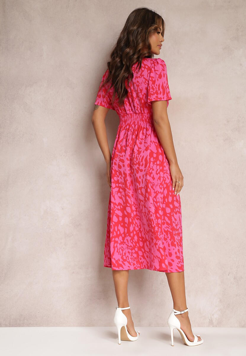 Czerwono-Różowa Taliowana Sukienka Midi z Krótkim Rękawem i Gumkami w Talii Zerala