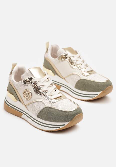 Beżowo-Zielone Sneakersy z Metalicznymi Zdobieniami na Platformie Gonnella